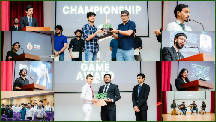Collage from the EXE 2025 awards ceremony: speakers at the podium, the Championship trophy handover, and a Best Game Award winner on stage