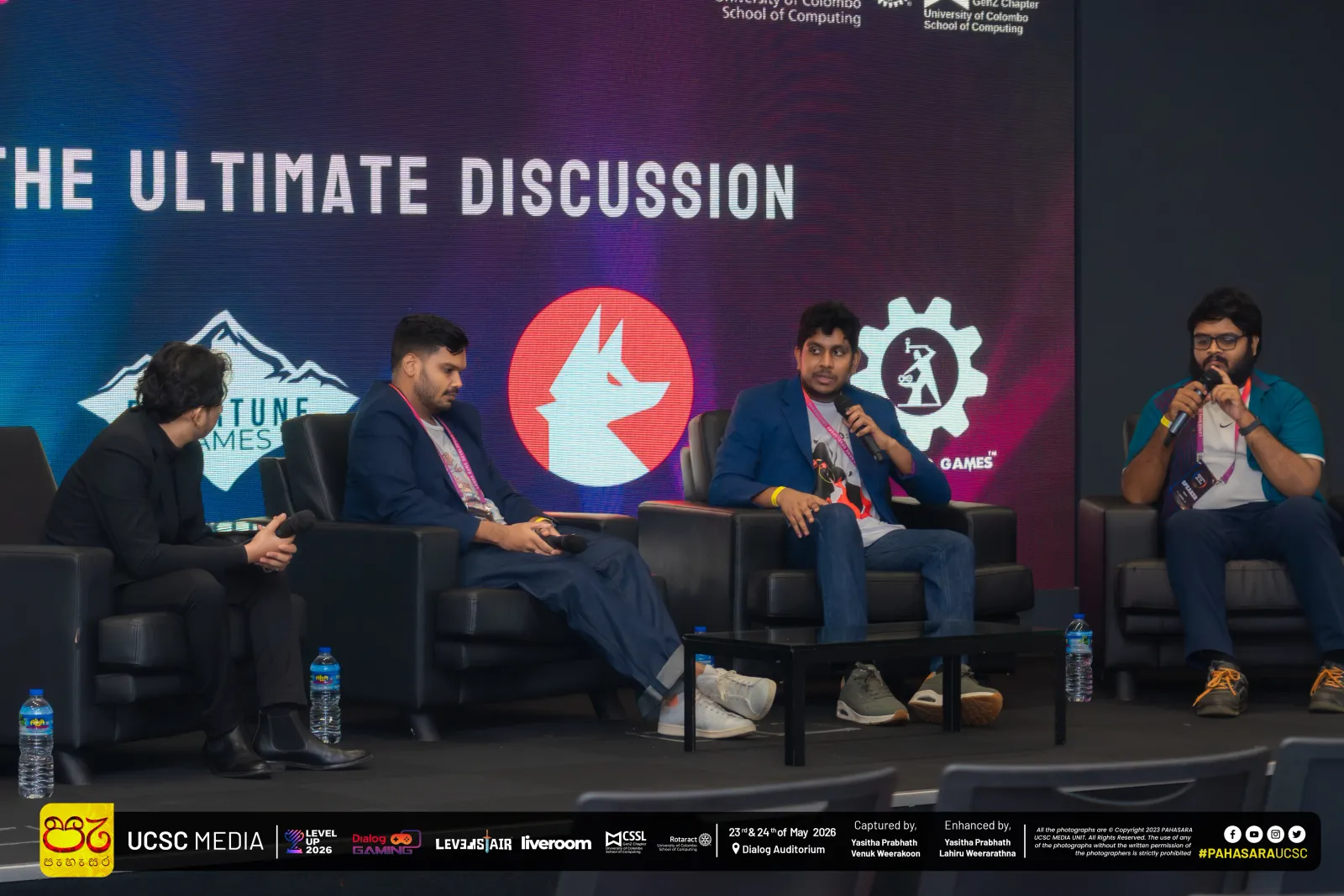 Four people seated on stage during the LKGDC 2026 panel, in front of a screen reading The Ultimate Discussion with the Rivertune Games, Foxtale Studio, and Ironblood Games logos